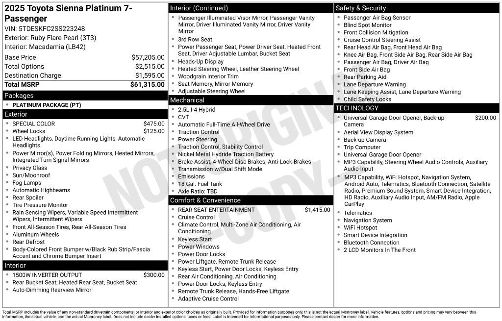 2025 Toyota Sienna Platinum 7 Passenger